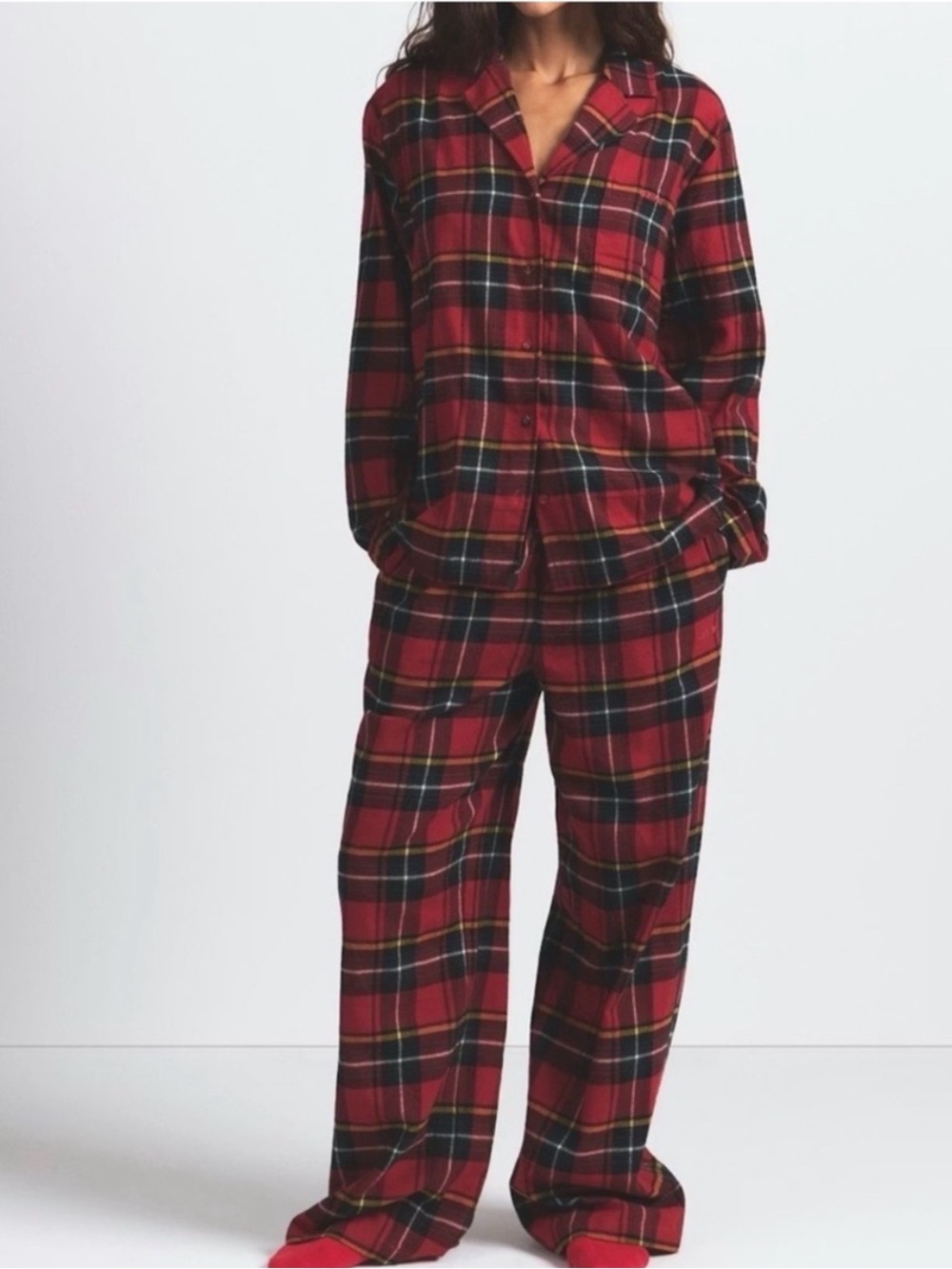 SKIMS Plannel Sleep Pajama Set Size L Brick Holiday Red Plaid (With Logo ) #047